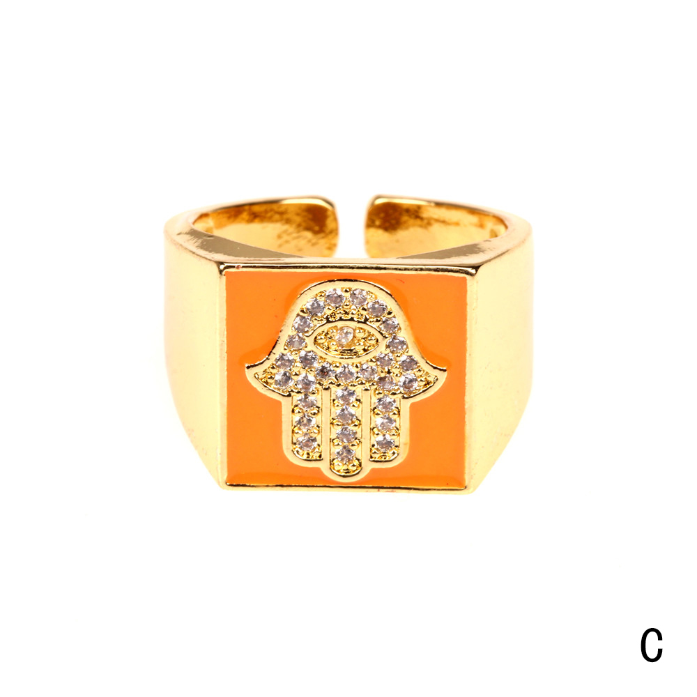 Copper 18K Gold Plated IG Style Vacation Beach Enamel Inlay Palm Square Hand Of Fatima Zircon Open Rings display picture 6