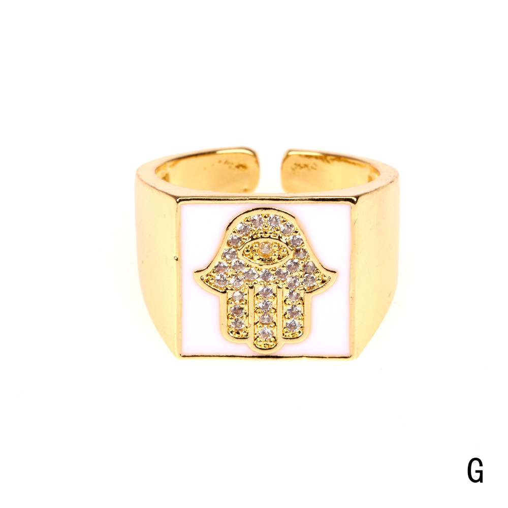 Copper 18K Gold Plated IG Style Vacation Beach Enamel Inlay Palm Square Hand Of Fatima Zircon Open Rings display picture 10