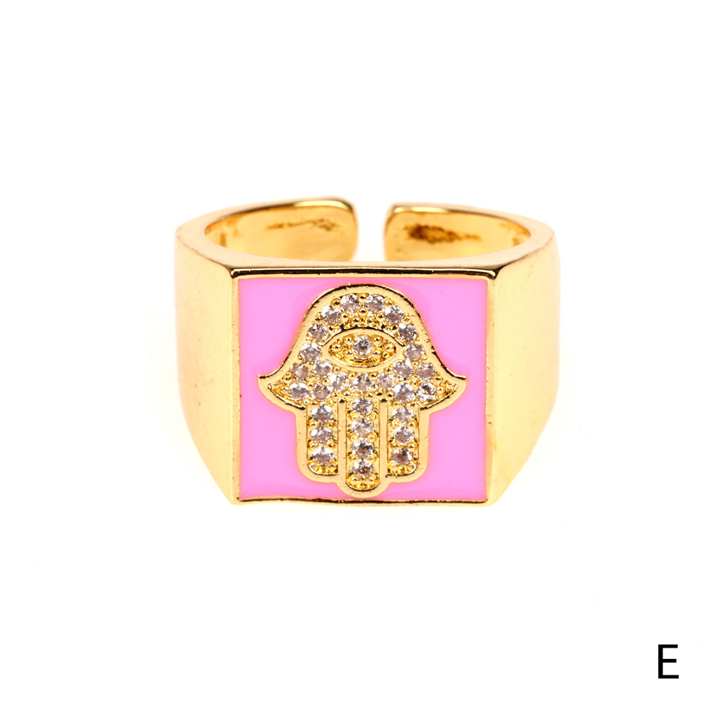 Copper 18K Gold Plated IG Style Vacation Beach Enamel Inlay Palm Square Hand Of Fatima Zircon Open Rings display picture 8