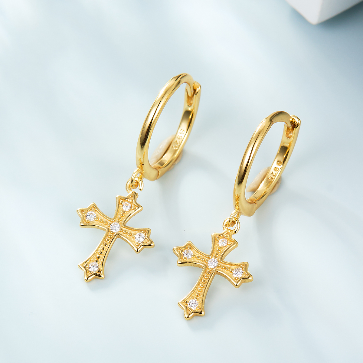 1 Pair Elegant Lady Classic Style Cross Inlay Sterling Silver Rhinestones Drop Earrings display picture 6