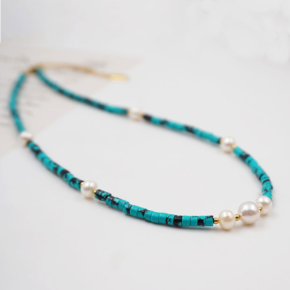 Casual Vintage Style Vacation Round Gold Plated Turquoise Freshwater Pearl Wholesale Bracelets Necklace display picture 5
