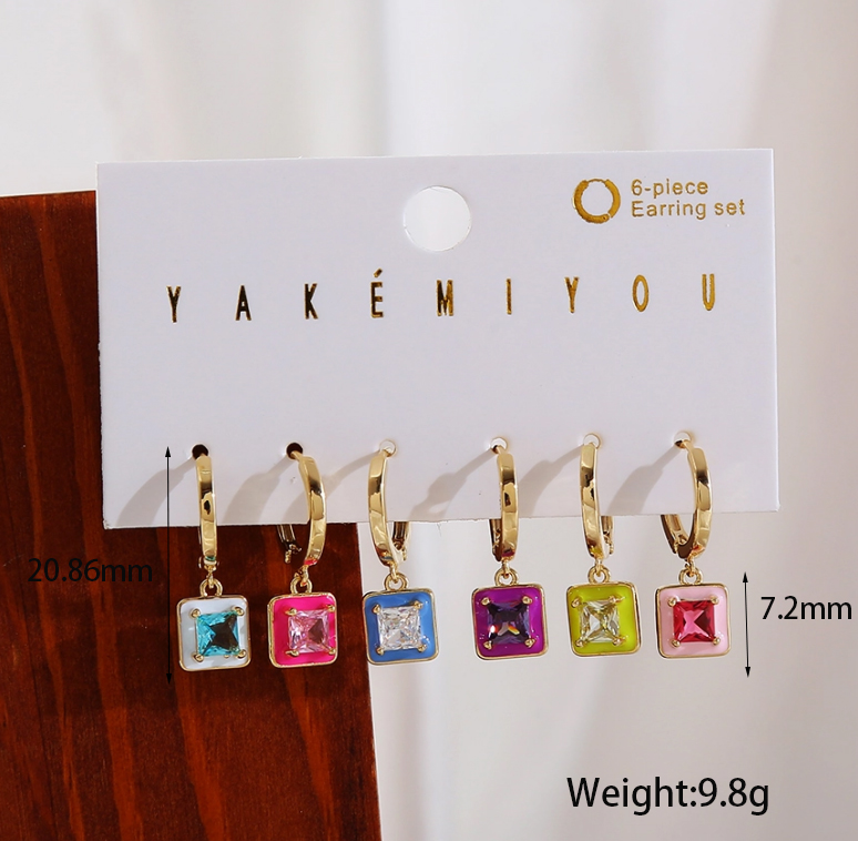 Copper 14K Gold Plated IG Style Cute Enamel Inlay Square Zircon Drop Earrings display picture 1