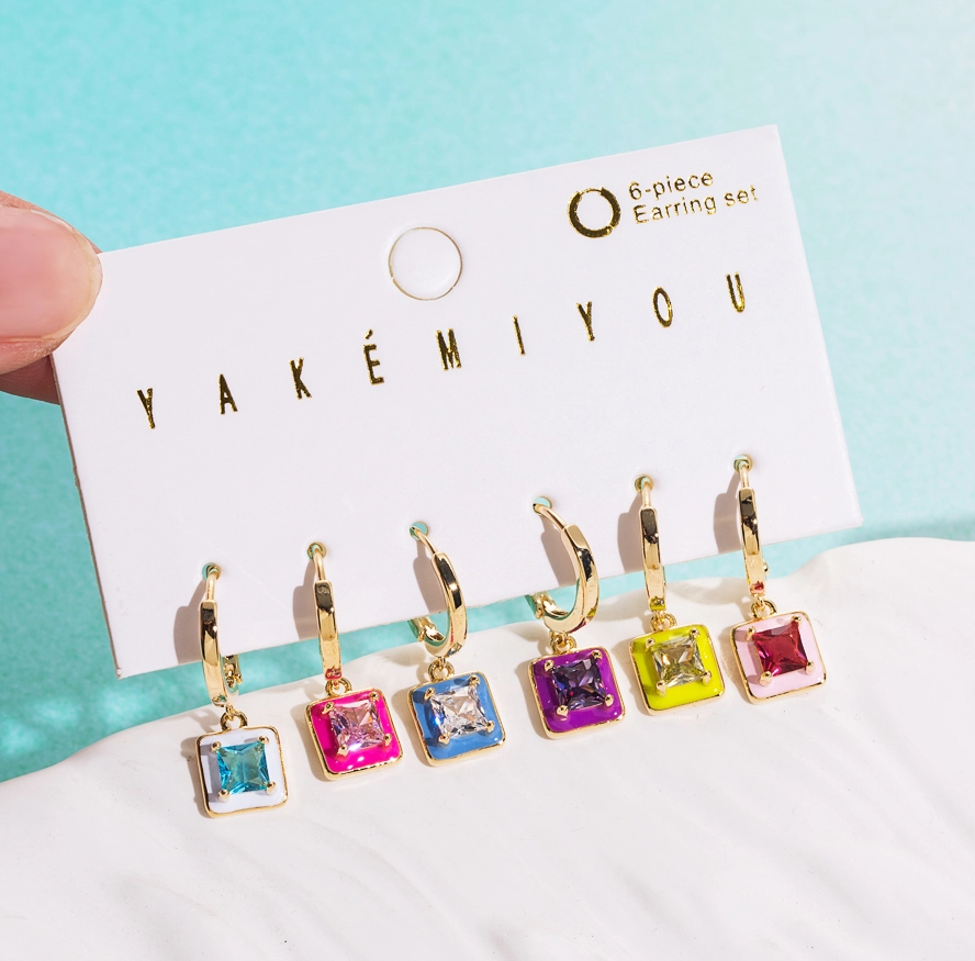 Copper 14K Gold Plated IG Style Cute Enamel Inlay Square Zircon Drop Earrings display picture 2