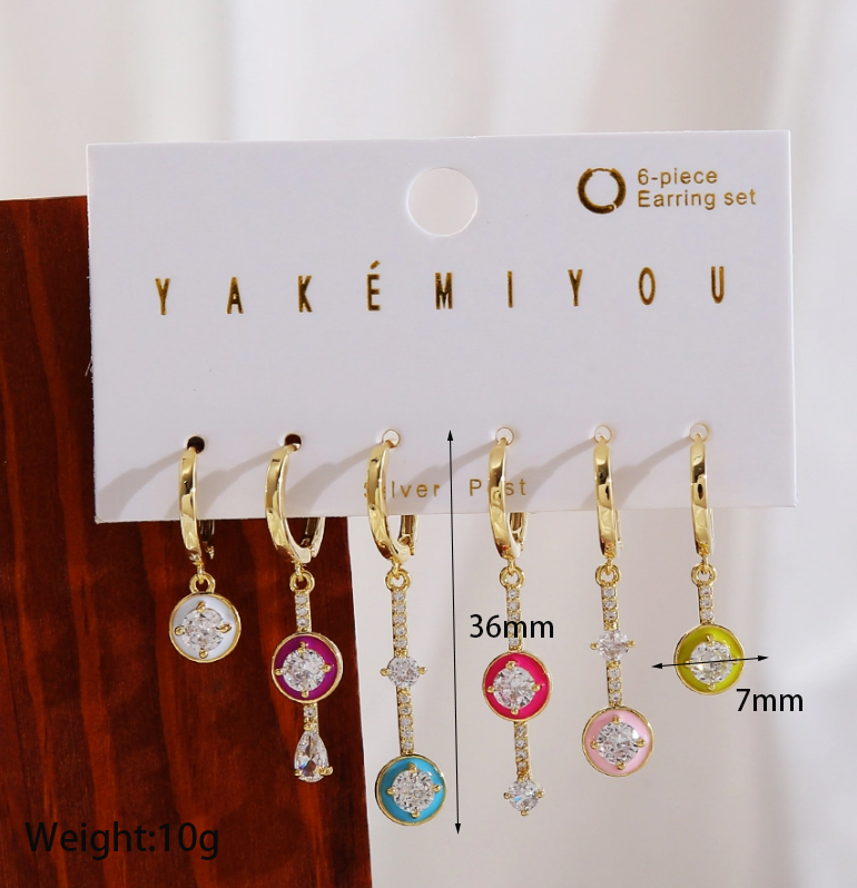 Copper 14K Gold Plated IG Style Cute Enamel Inlay Round Water Droplets Zircon Drop Earrings display picture 1