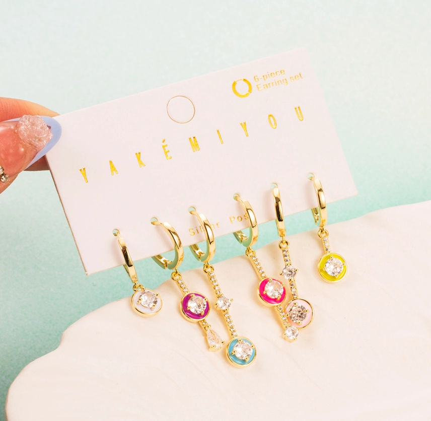 Copper 14K Gold Plated IG Style Cute Enamel Inlay Round Water Droplets Zircon Drop Earrings display picture 2