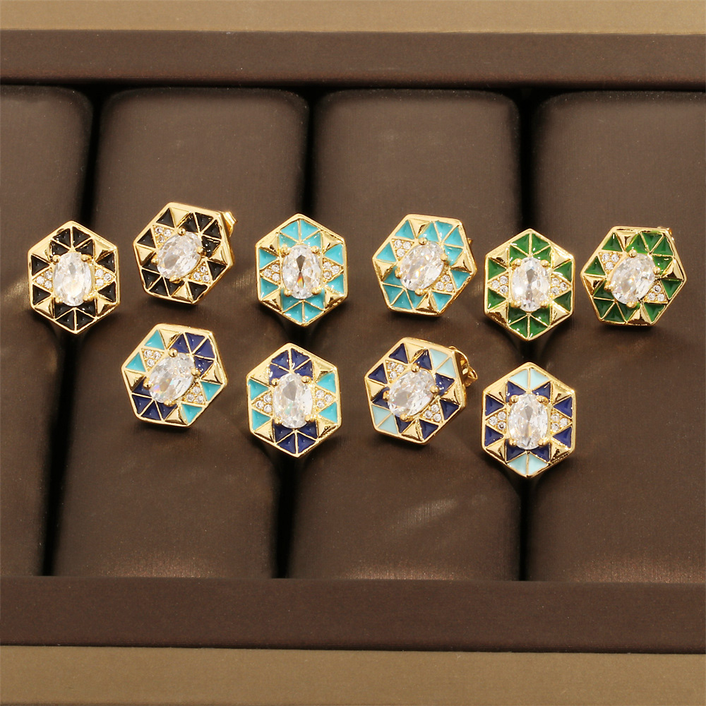 Copper 18K Gold Plated IG Style Hip-Hop Commute Enamel Inlay Hexagon Rhombus Lingge Zircon Jewelry Set display picture 5