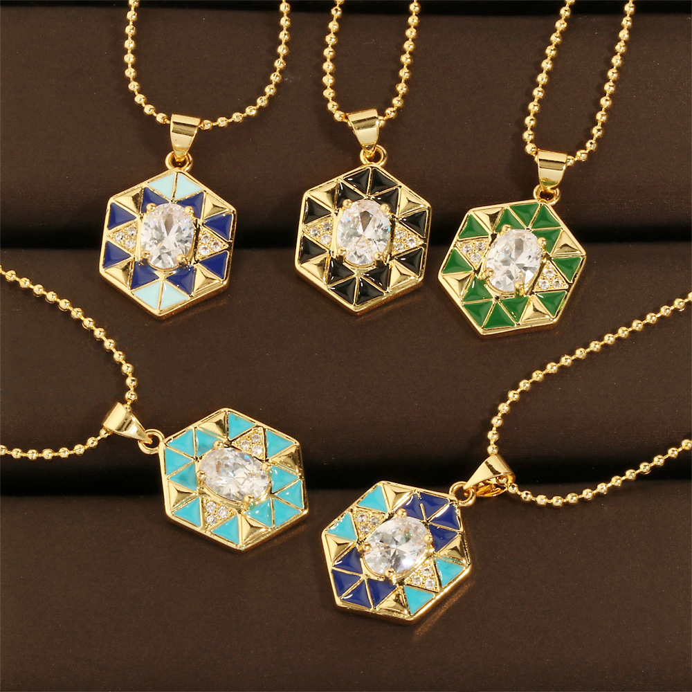 Copper 18K Gold Plated IG Style Hip-Hop Commute Enamel Inlay Hexagon Rhombus Lingge Zircon Jewelry Set display picture 7