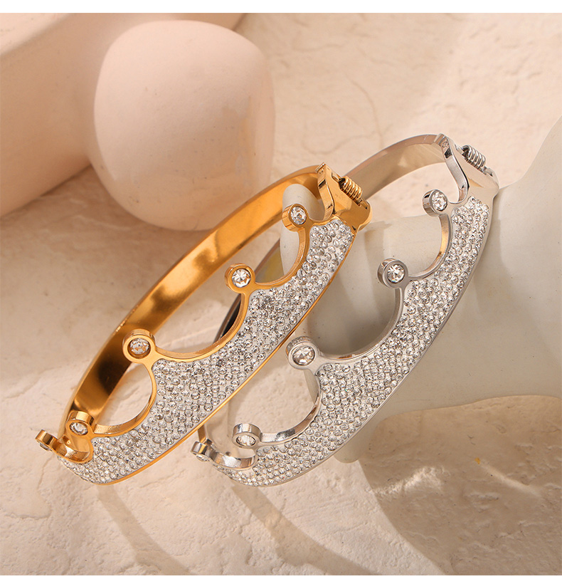 Titanium Steel 18K Gold Plated Retro Simple Style Plating Inlay Crown Bamboo Rhinestones Bangle display picture 2