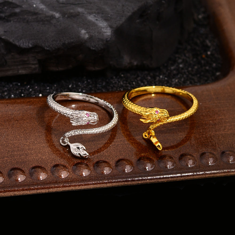 Wholesale Chinoiserie Retro Dragon Copper Inlay Zircon Charm Rings Open Rings display picture 1
