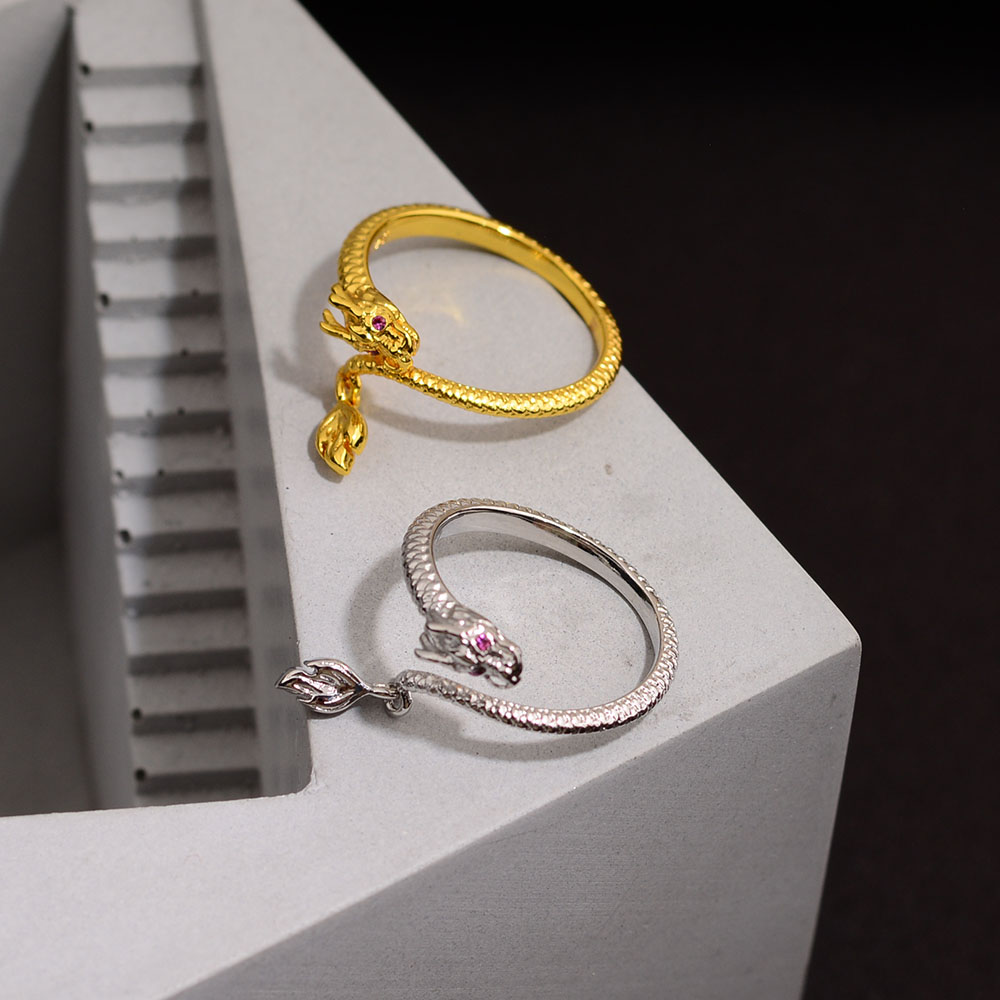 Großhandel Chinoiserie Retro Drachen Kupfer Inlay Zirkon Charm Ring Offener Ring display picture 3