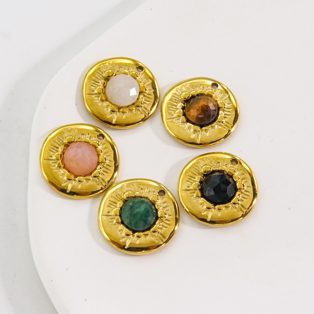 1 Piece 15*15mm 304 Stainless Steel Natural Stone 14K Gold Plated Round Pendant display picture 1