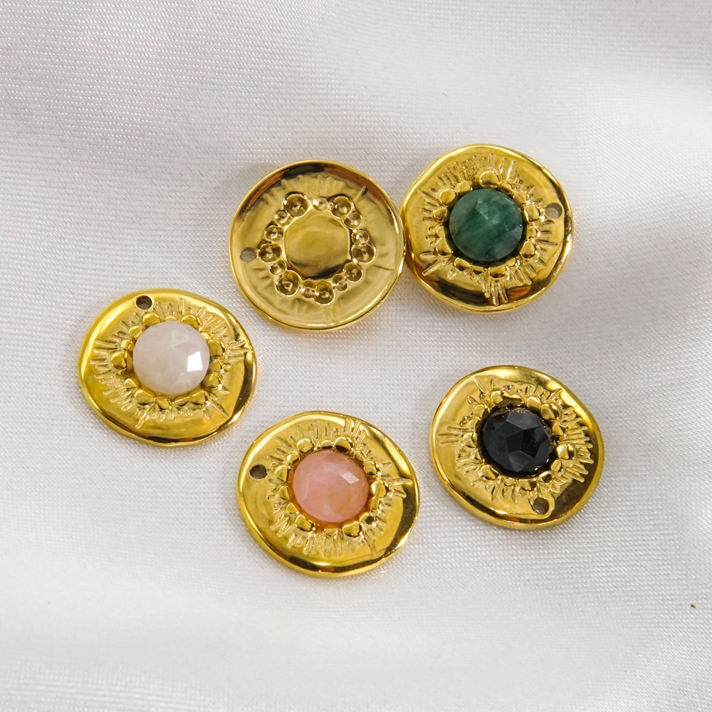 1 Piece 15*15mm 304 Stainless Steel Natural Stone 14K Gold Plated Round Pendant display picture 2