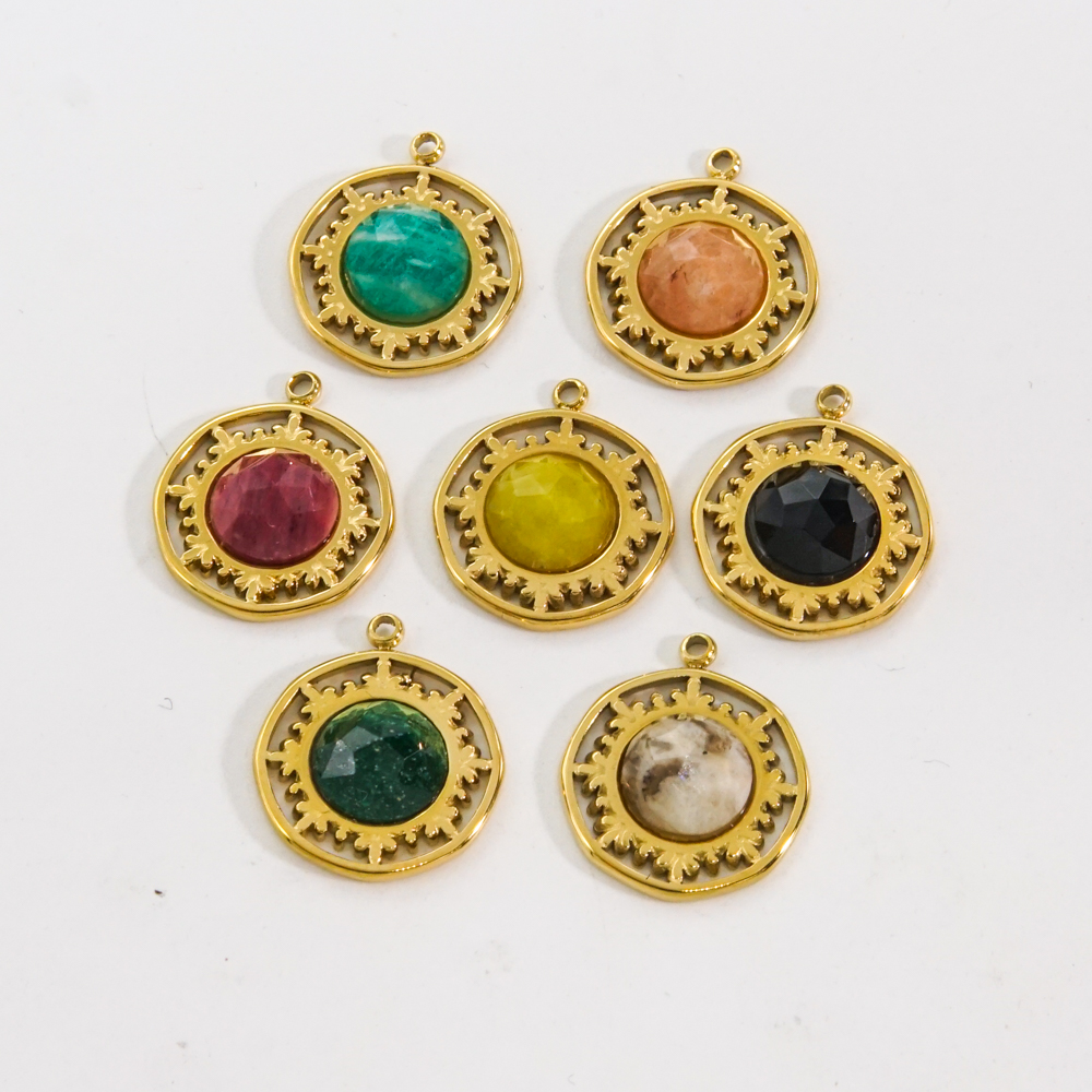 1 Piece 16 * 16mm 304 Stainless Steel Natural Stone 14K Gold Plated Round Pendant display picture 2
