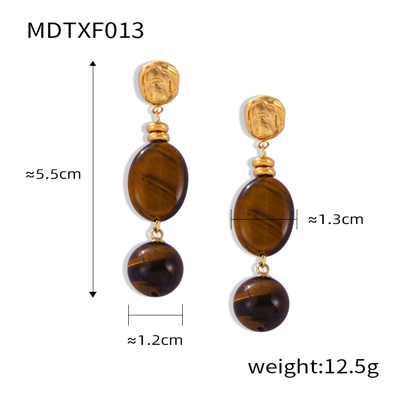 Elegant Retro Lady Round Oval Lines Tiger Eye Titanium Steel Beaded Plating Women's Earrings Necklace display picture 8