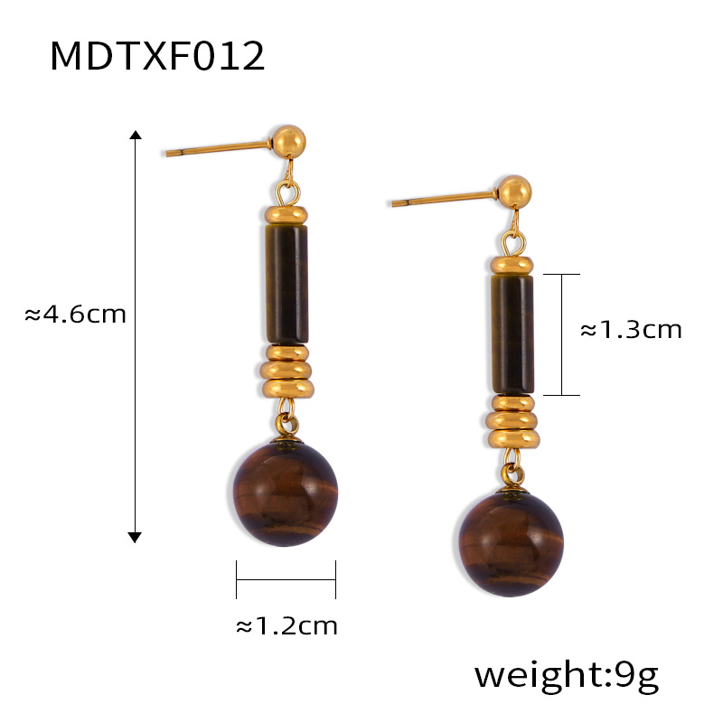 Elegant Retro Lady Round Oval Lines Tiger Eye Titanium Steel Beaded Plating Women's Earrings Necklace display picture 6
