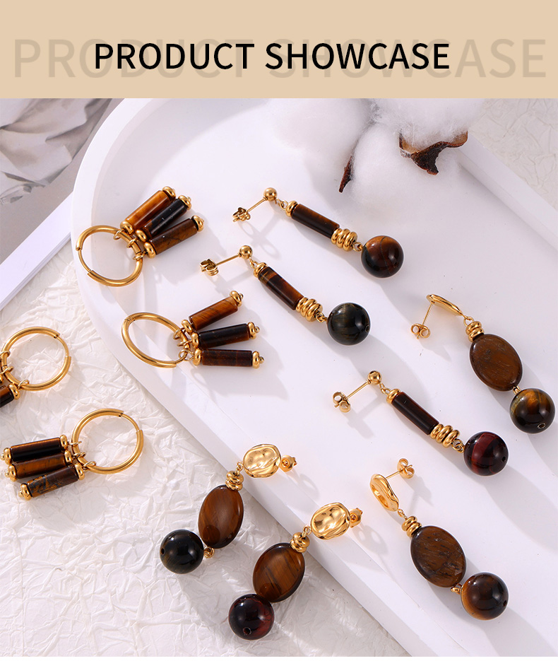 Elegant Retro Lady Round Oval Lines Tiger Eye Titanium Steel Beaded Plating Women's Earrings Necklace display picture 1