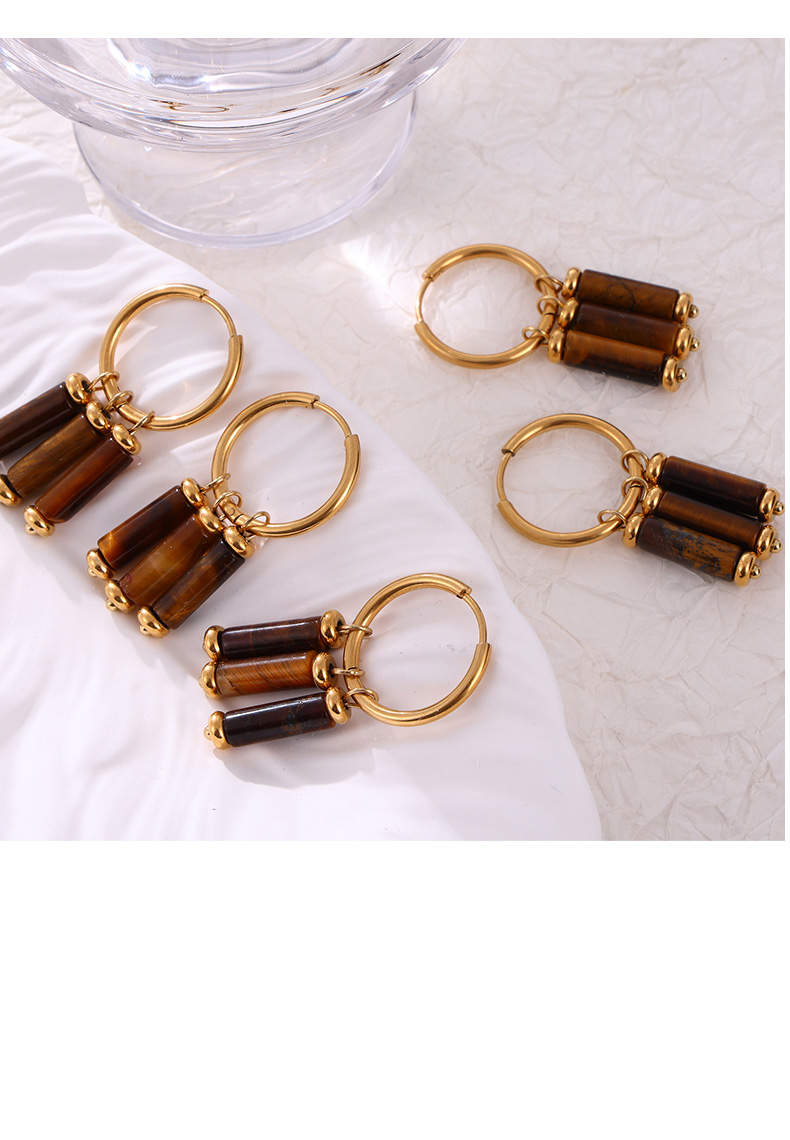 Elegant Retro Lady Round Oval Lines Tiger Eye Titanium Steel Beaded Plating Women's Earrings Necklace display picture 3
