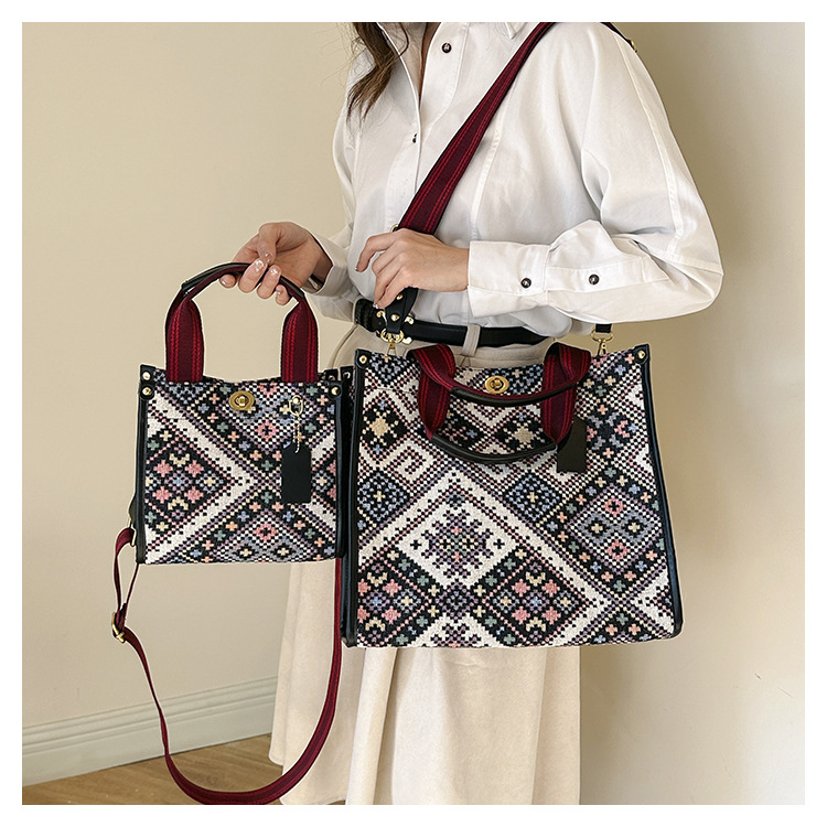 Women's Medium Canvas Lingge Ethnic Style Square Lock Clasp Tote Bag display picture 3