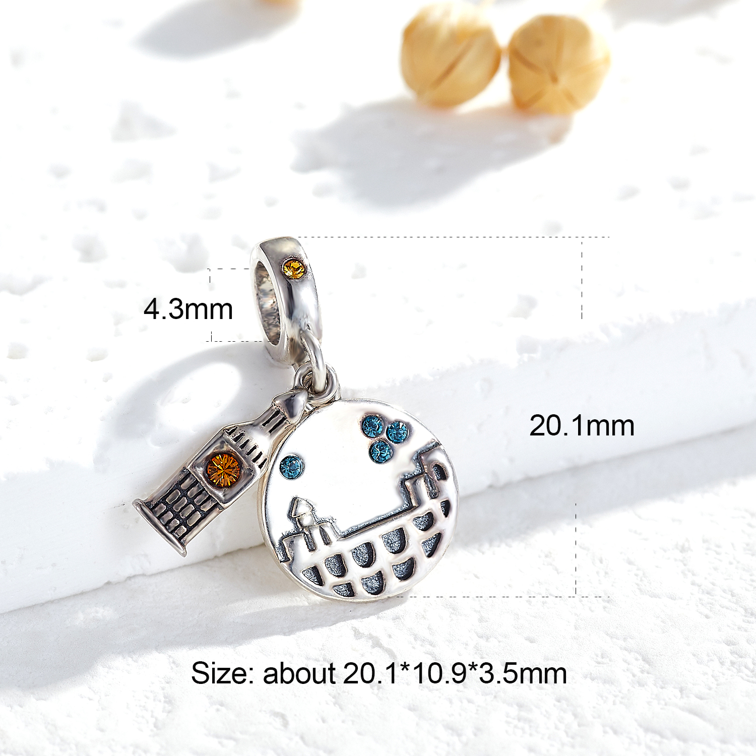 1 Piece 10.9*20.1mm Hole 4~4.9mm Sterling Silver Zircon Rhodium Plated Building Polished Pendant display picture 1