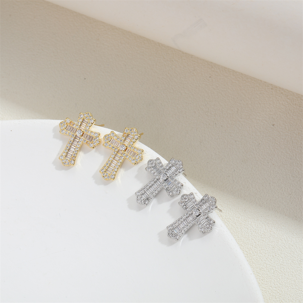 1 Pair Vintage Style Cross Inlay Copper Zircon 14K Gold Plated Ear Studs display picture 4