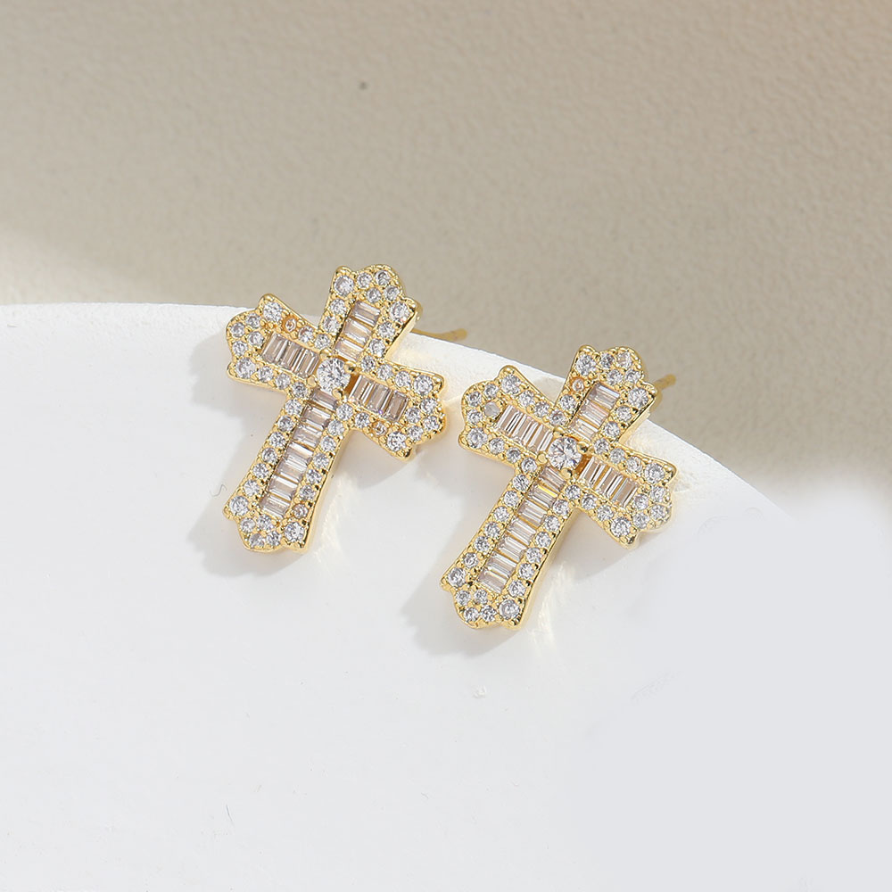1 Pair Vintage Style Cross Inlay Copper Zircon 14K Gold Plated Ear Studs display picture 3