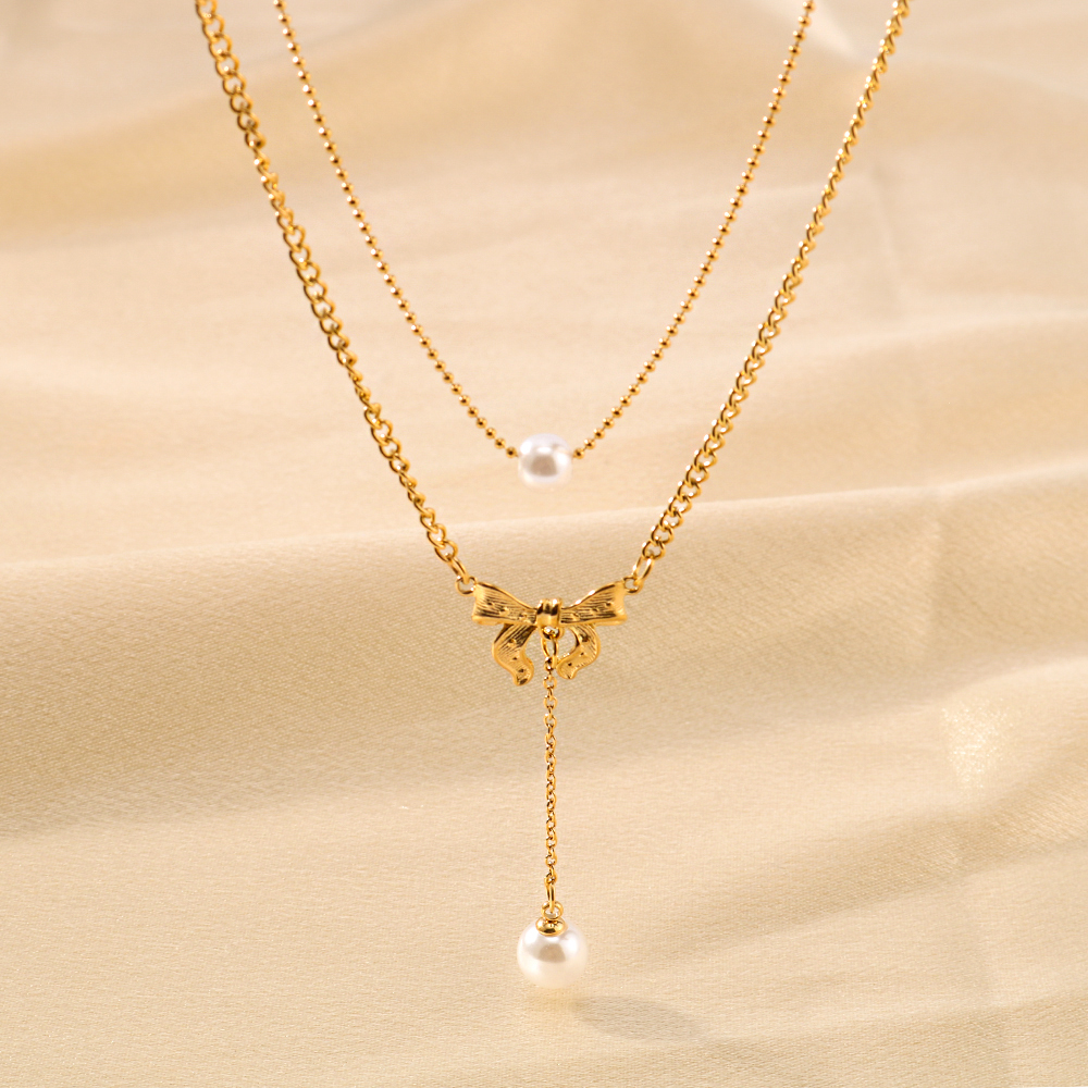 Edelstahl 304 18 Karat Vergoldet IG-Stil Süss Inlay Bogenknoten Perle Doppellagige Halsketten display picture 1