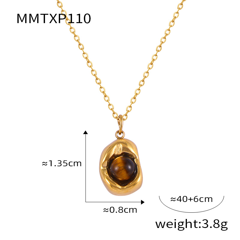 Titanium Steel 18K Gold Plated Casual Retro British Style Inlay Oval Tiger Eye Earrings Necklace display picture 9