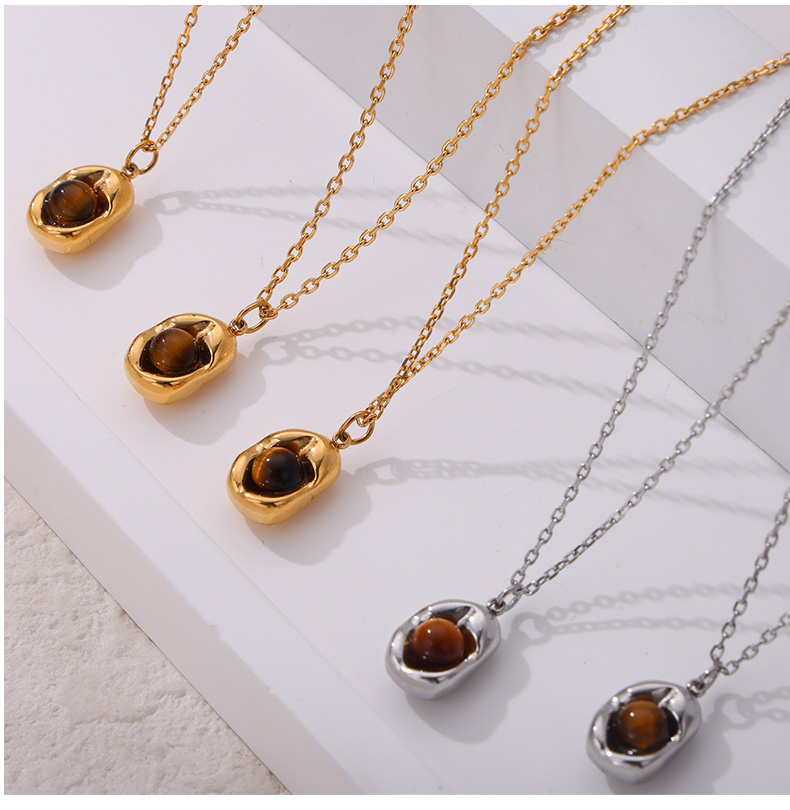 Titanium Steel 18K Gold Plated Casual Retro British Style Inlay Oval Tiger Eye Earrings Necklace display picture 3