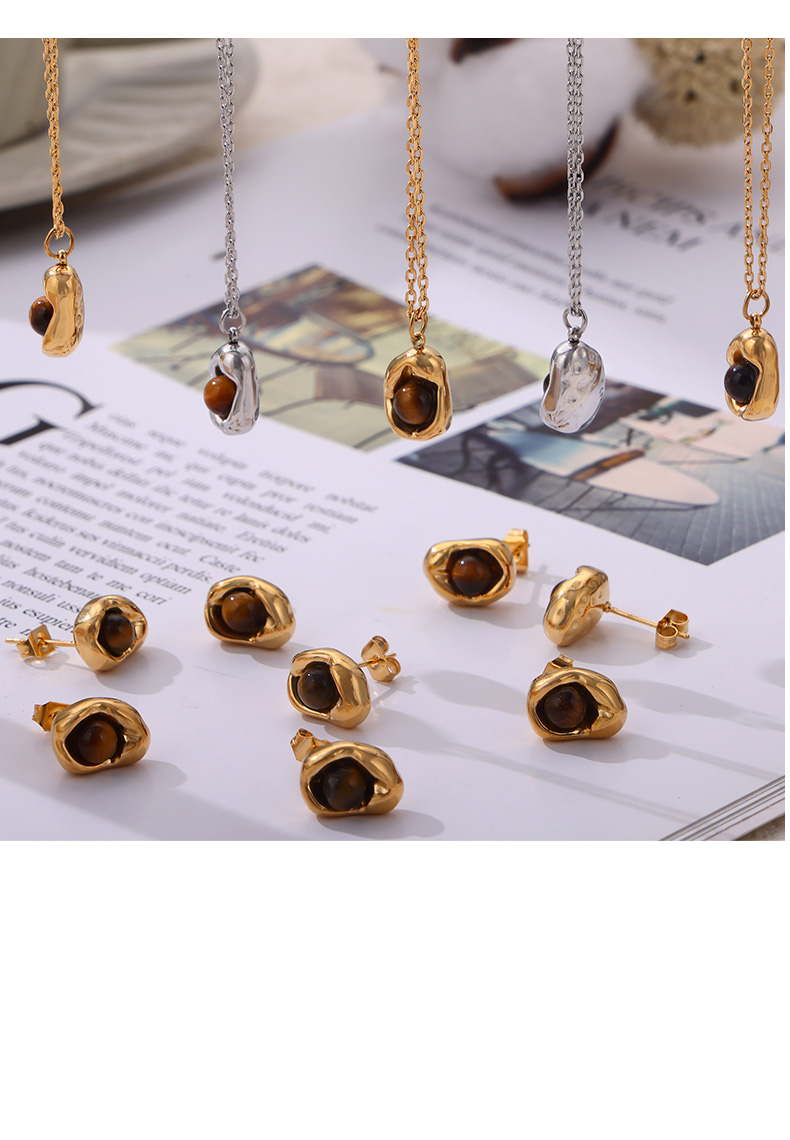 Titanium Steel 18K Gold Plated Casual Retro British Style Inlay Oval Tiger Eye Earrings Necklace display picture 4