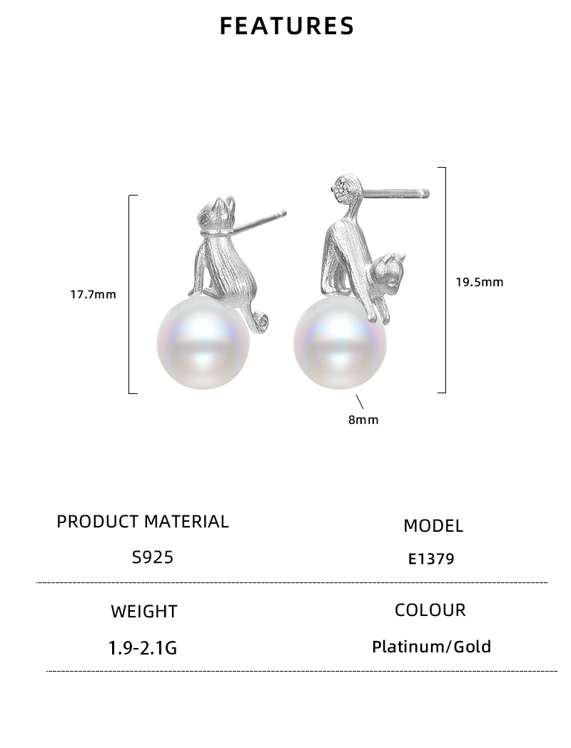 1 Pair Elegant Cute Luxurious Cat Polishing Plating Inlay Sterling Silver Artificial Pearls 18K Gold Plated White Gold Plated Ear Studs display picture 9