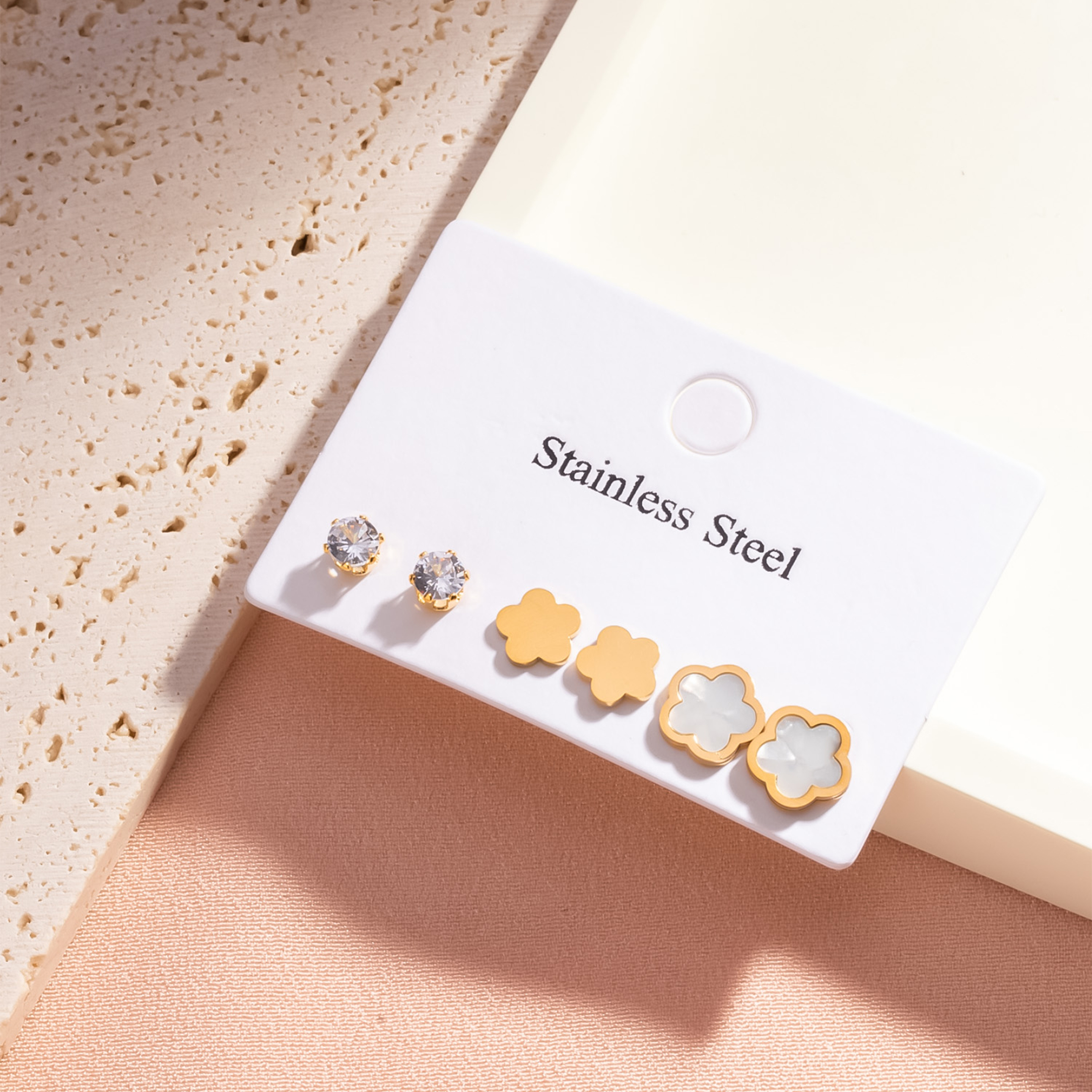 1 Set 3 Pairs Casual Simple Style Moon Flower Butterfly Plating Inlay 304 Stainless Steel Rhinestones Shell 18K Gold Plated Ear Studs display picture 1