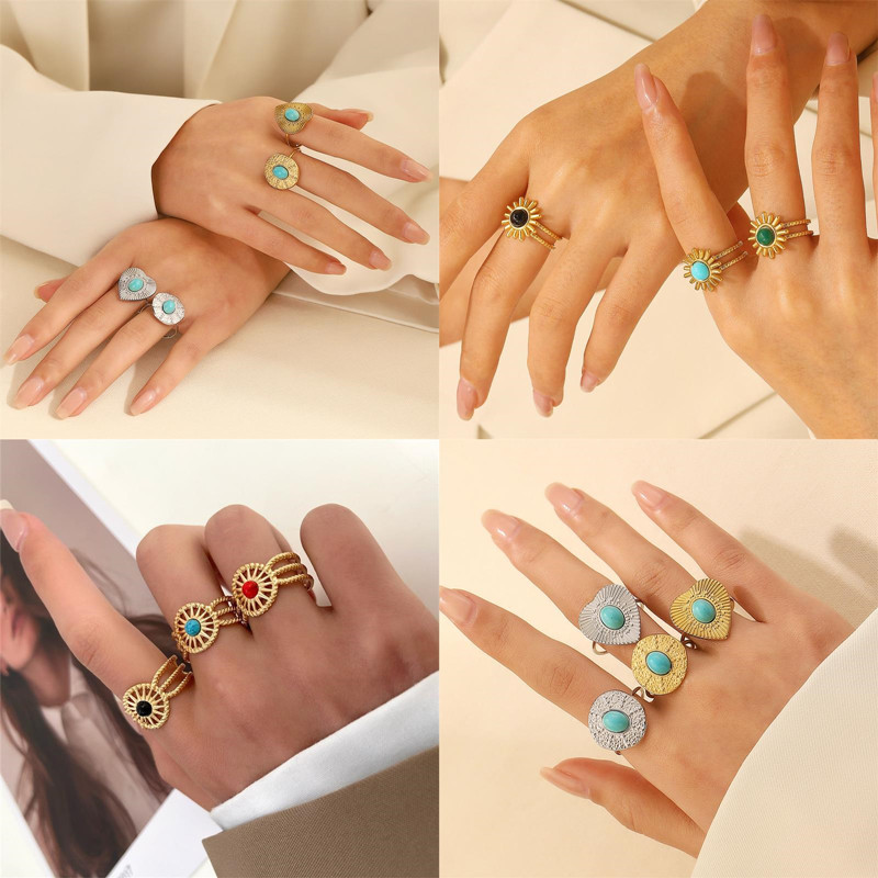 Titanium Steel 18K Gold Plated Casual Elegant Sun Heart Shape Turquoise Open Rings display picture 1