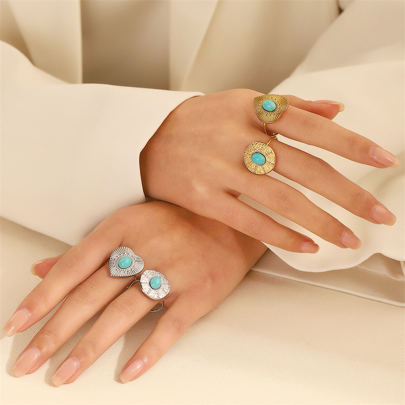 Titanium Steel 18K Gold Plated Casual Elegant Sun Heart Shape Turquoise Open Rings display picture 3