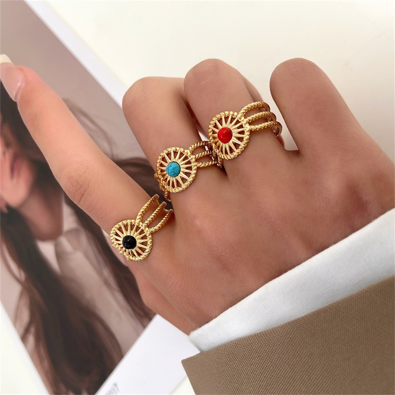 Titanium Steel 18K Gold Plated Casual Elegant Sun Heart Shape Turquoise Open Rings display picture 2