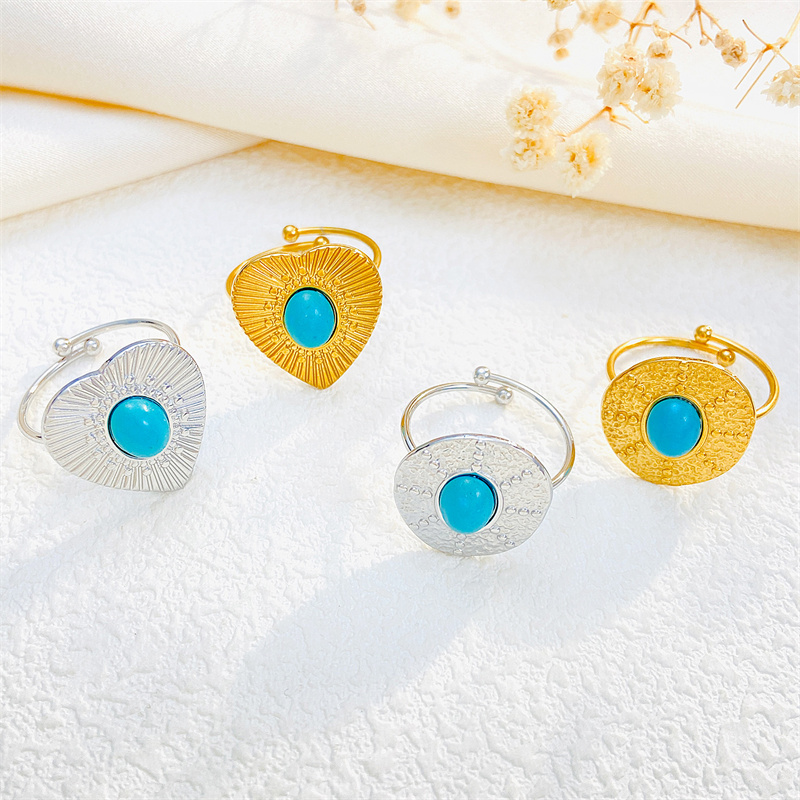 Titanium Steel 18K Gold Plated Casual Elegant Sun Heart Shape Turquoise Open Rings display picture 9