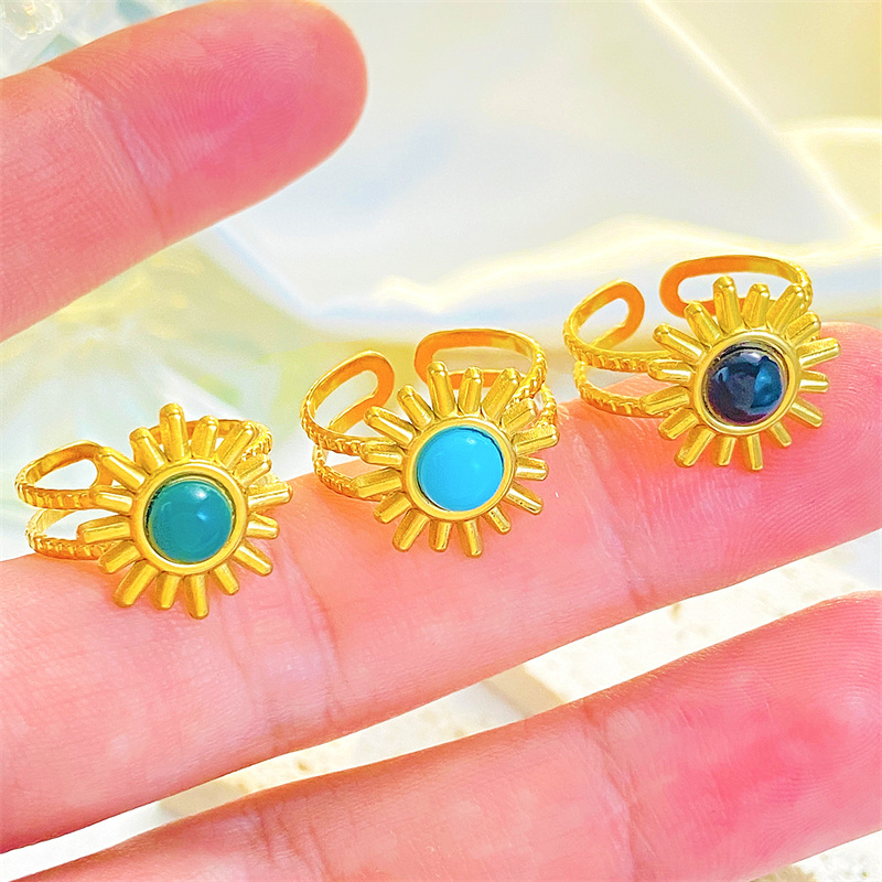 Titanium Steel 18K Gold Plated Casual Elegant Sun Heart Shape Turquoise Open Rings display picture 10
