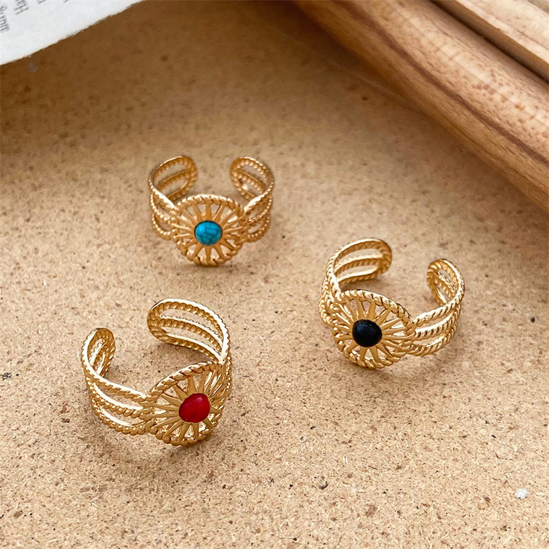 Titanium Steel 18K Gold Plated Casual Elegant Sun Heart Shape Turquoise Open Rings display picture 11