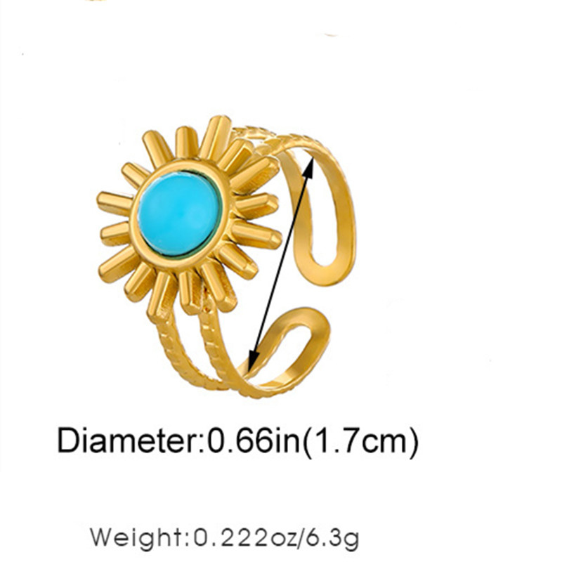 Titanium Steel 18K Gold Plated Casual Elegant Sun Heart Shape Turquoise Open Rings display picture 6