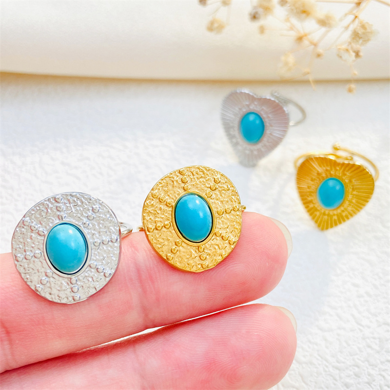 Titanium Steel 18K Gold Plated Casual Elegant Sun Heart Shape Turquoise Open Rings display picture 12
