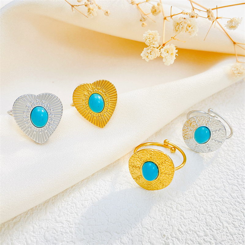Titanium Steel 18K Gold Plated Casual Elegant Sun Heart Shape Turquoise Open Rings display picture 13