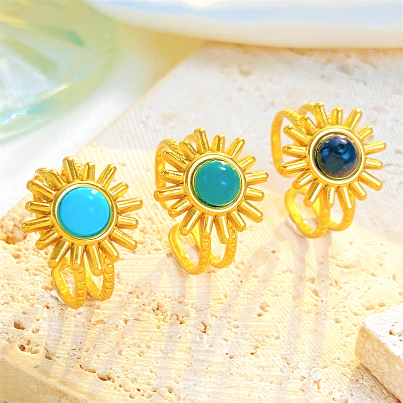 Titanium Steel 18K Gold Plated Casual Elegant Sun Heart Shape Turquoise Open Rings display picture 19