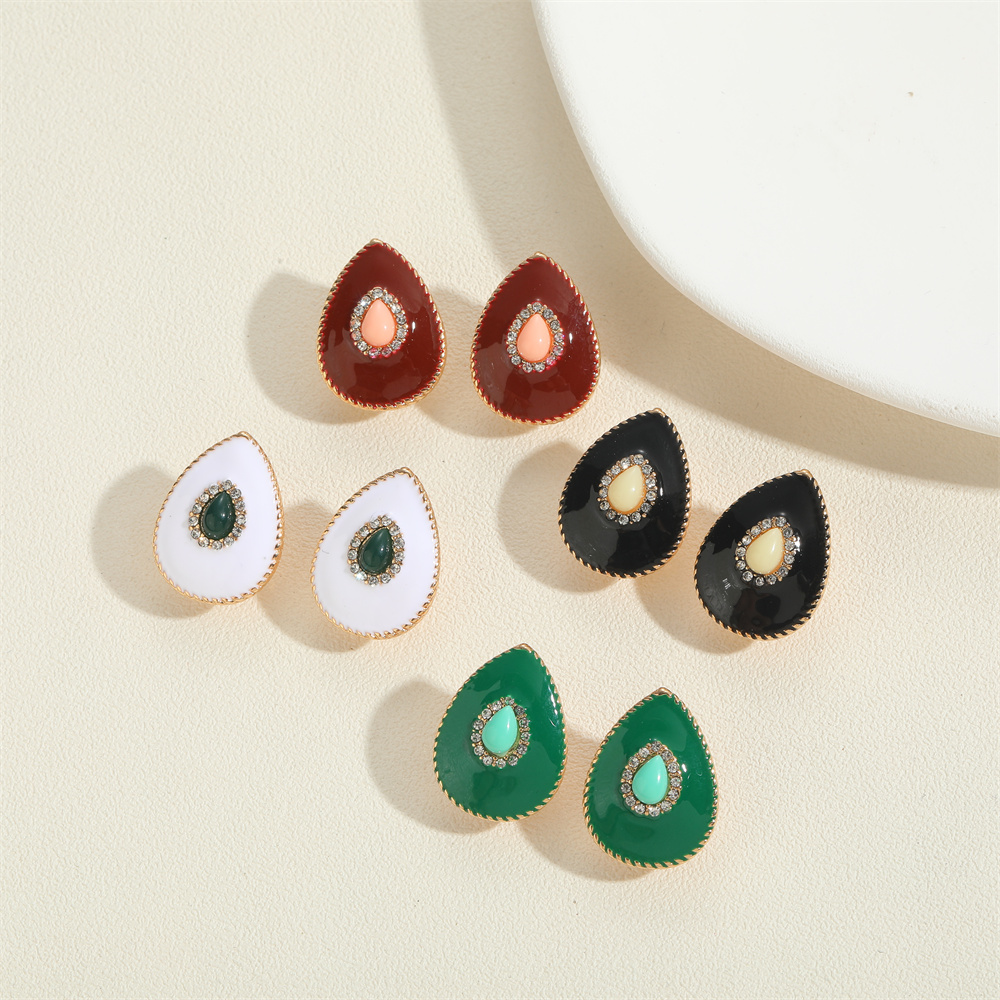 1 Pair Vintage Style Simple Style Commute Water Droplets Enamel Inlay Copper Acrylic Zircon 14K Gold Plated Ear Studs display picture 6