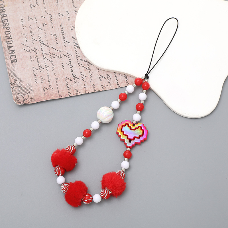 Cute Sweet Heart Shape Beaded Pom Poms Mobile Phone Chain Keychain display picture 3