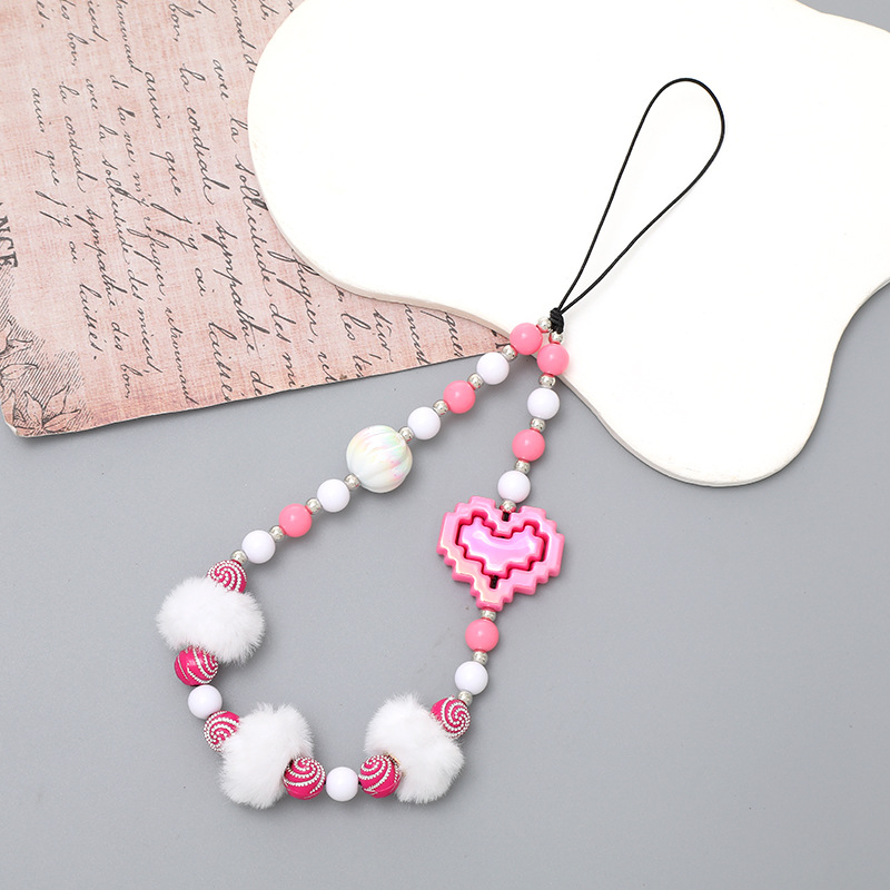 Cute Sweet Heart Shape Beaded Pom Poms Mobile Phone Chain Keychain display picture 4