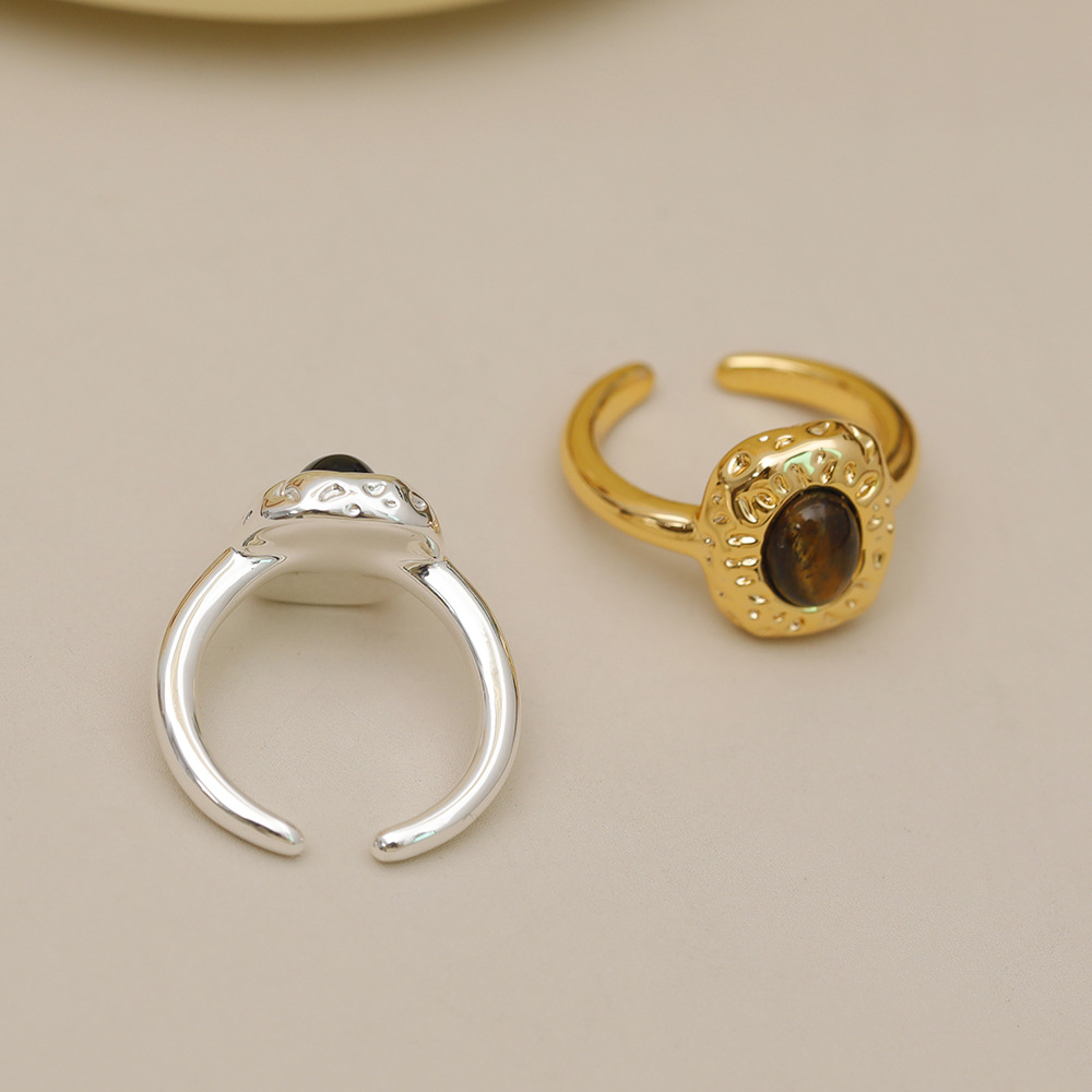 Wholesale IG Style Baroque Style Oval Copper Laser Inlay 18K Gold Plated Tiger Eye Open Rings display picture 2