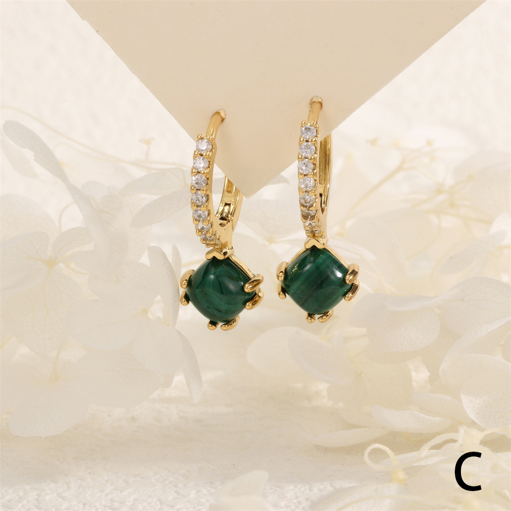 1 Pair IG Style Vintage Style Square Inlay Copper Malachite Zircon 18K Gold Plated Drop Earrings display picture 6