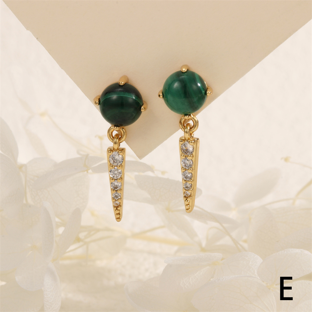 1 Pair IG Style Vintage Style Triangle Inlay Copper Malachite Agate Zircon 18K Gold Plated Drop Earrings display picture 8