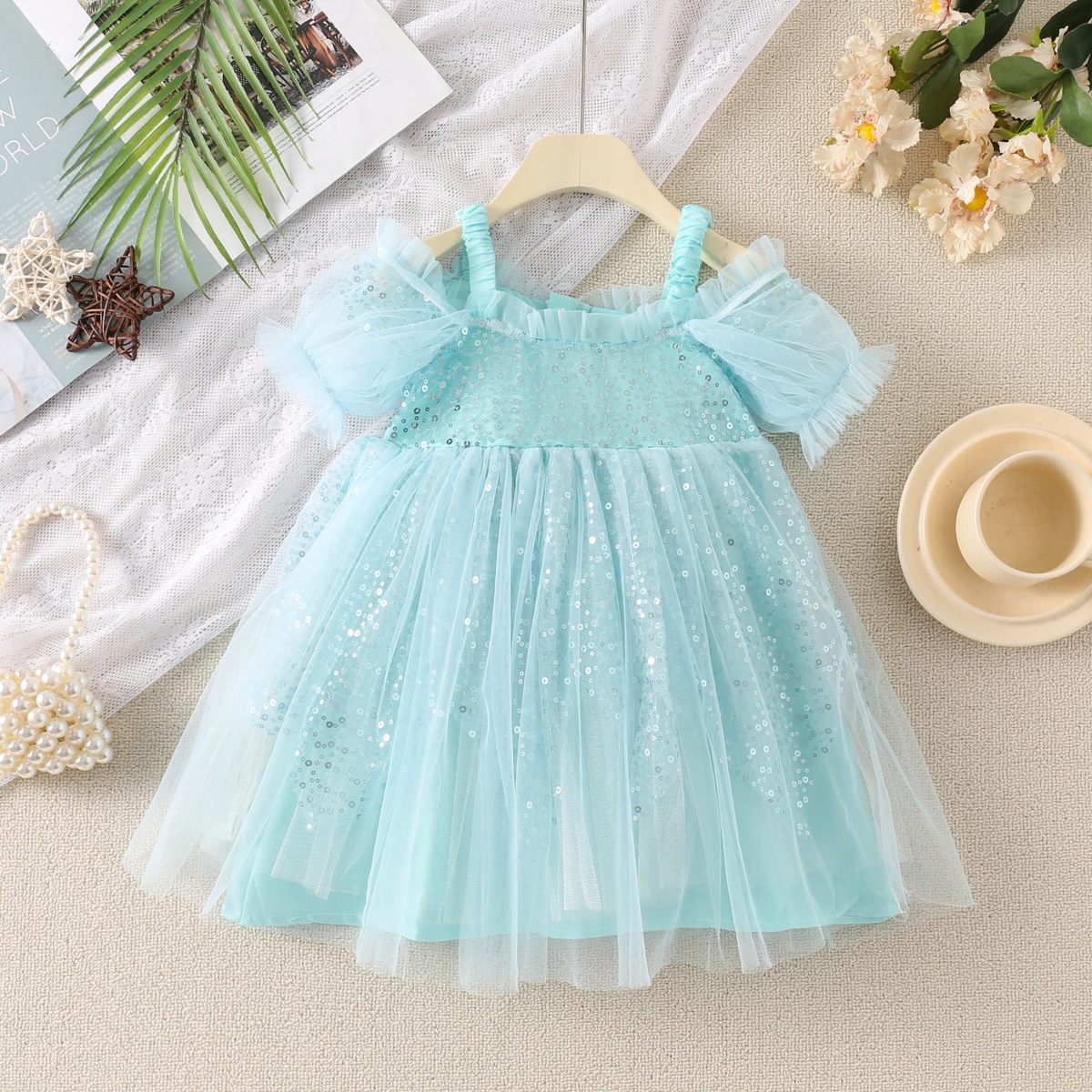 Princess Mesh Grid Sequins Popover Hollow Out Chiffon Girls Dresses display picture 1