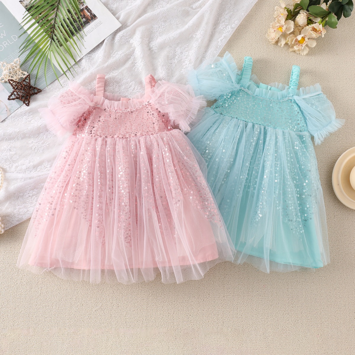 Princess Mesh Grid Sequins Popover Hollow Out Chiffon Girls Dresses display picture 2