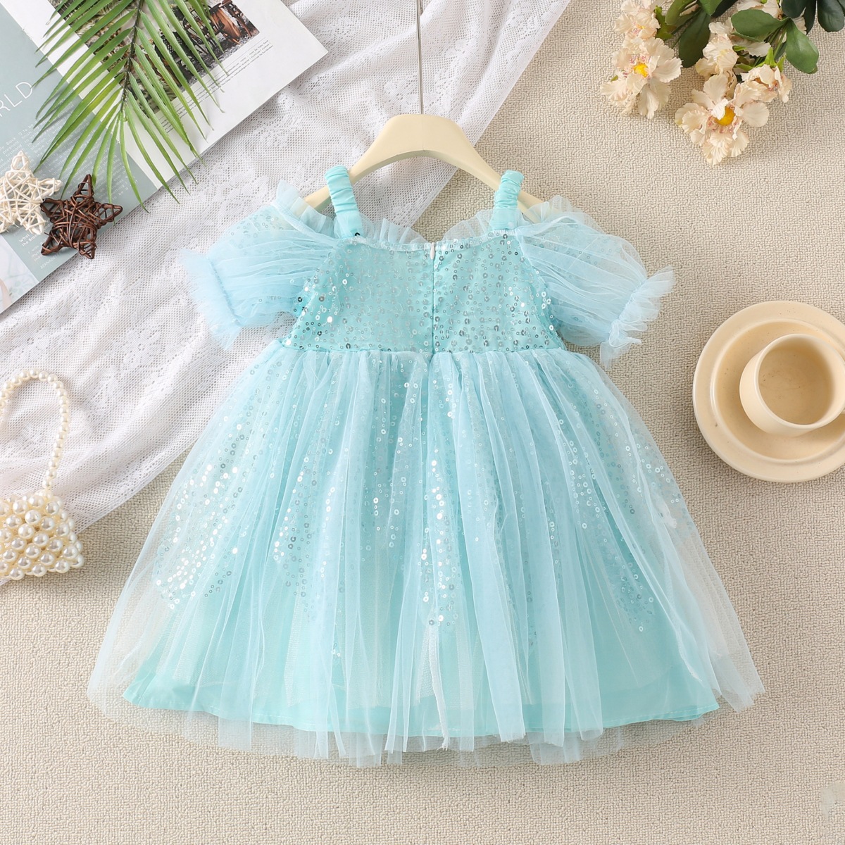 Princess Mesh Grid Sequins Popover Hollow Out Chiffon Girls Dresses display picture 3